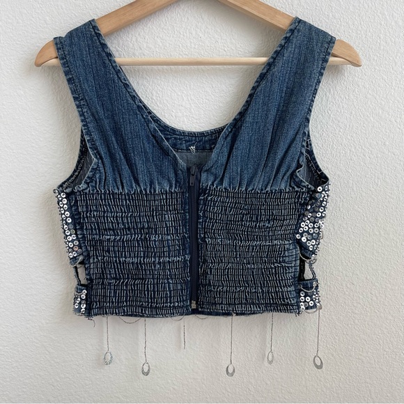 KBB JEANS Vintage 90s Dark Wash Denim Sequin Beaded Handmade Smocked Tank Top - Picture 7 of 11